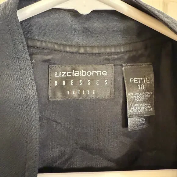 Vintage Liz Claiborne Wrap Dress Mandarin Collar 10 Petite Black Belted GUC - Picture 7 of 10